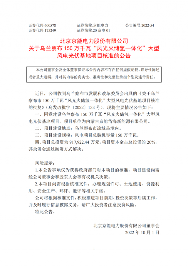 京能電力150萬千瓦“風光火儲氫”基地獲批！